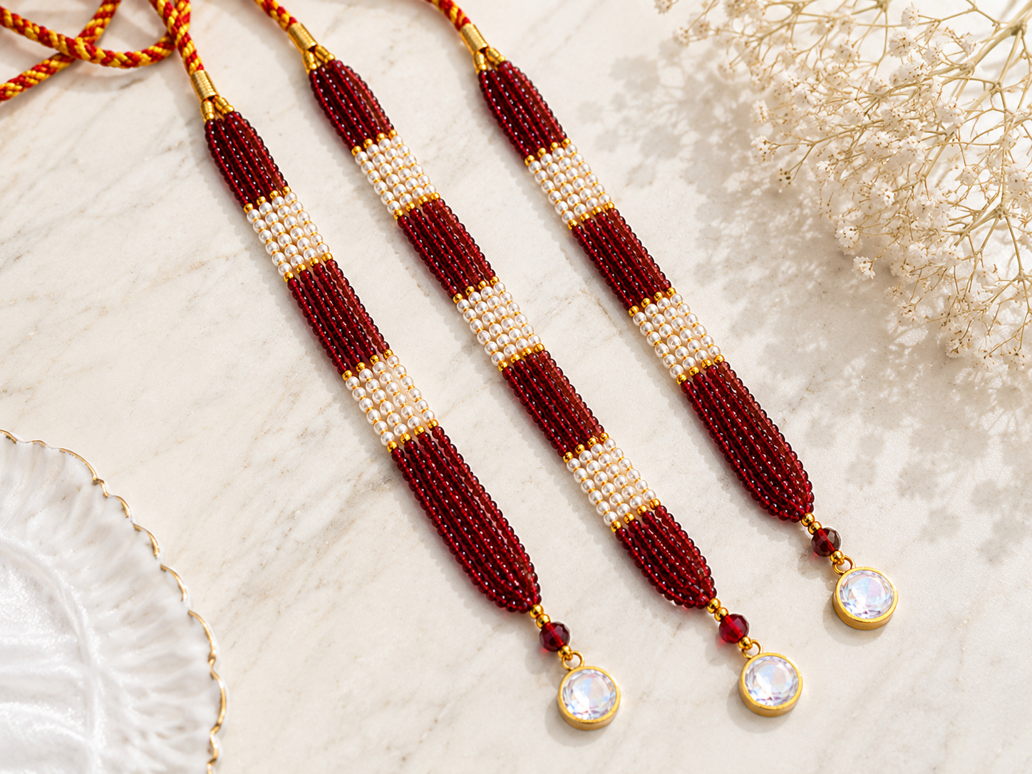 Pearl Mala with Ruby Spacers