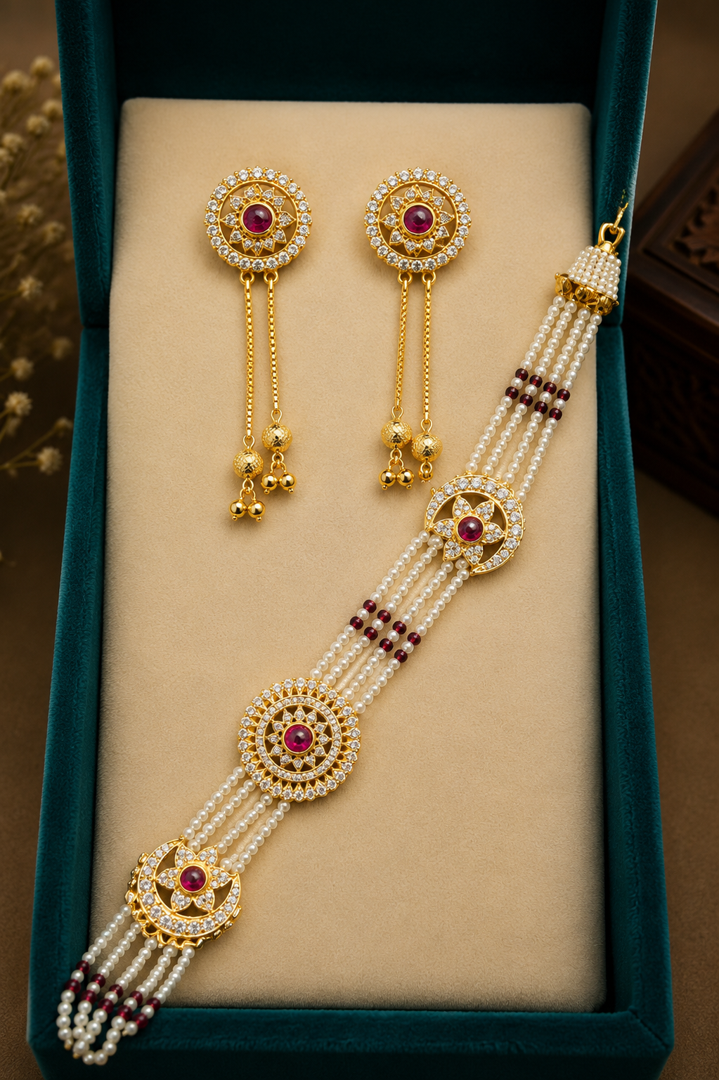 Gold Pearl Kan Chain Earrings Set