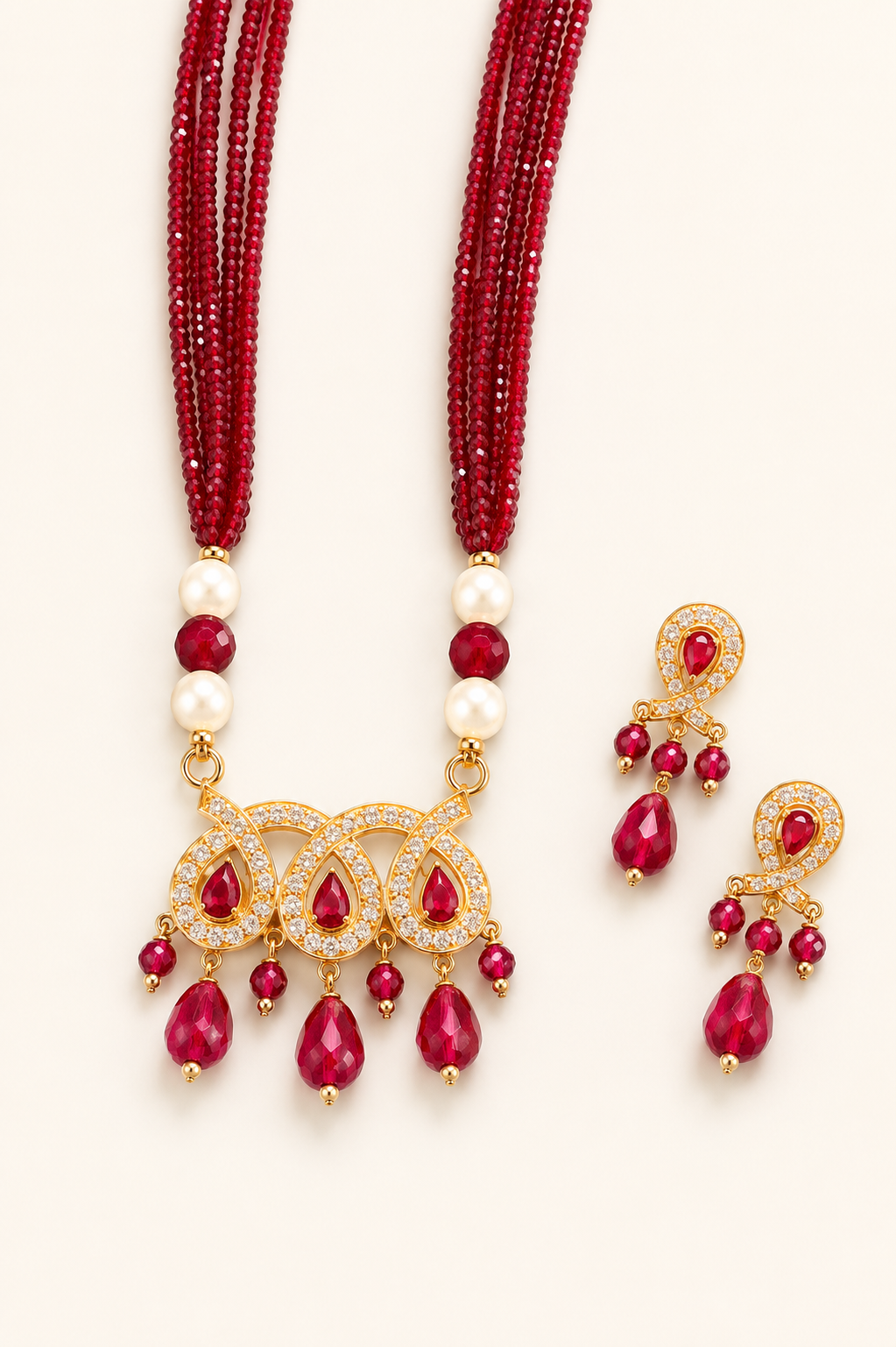 Pearl Mala with Ruby Jhumka Set