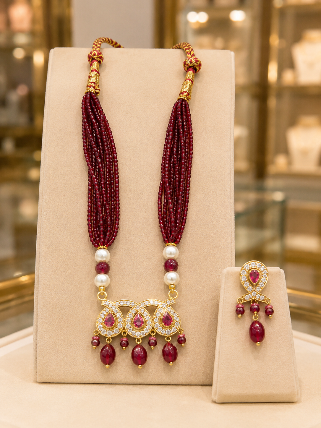 Red Mala Jhumka Earrings Set